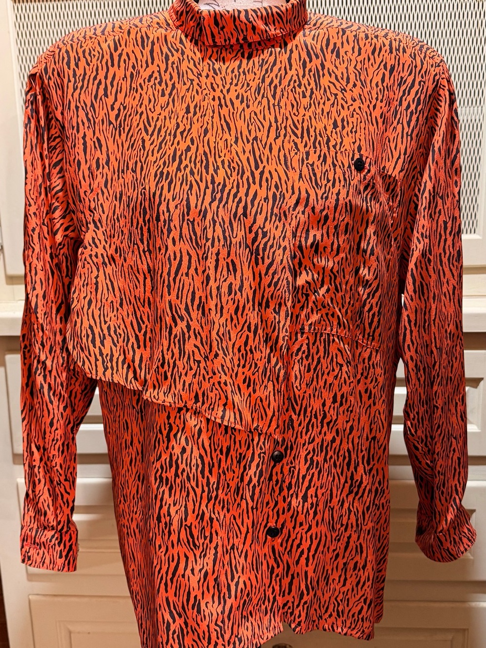 Rare Vintage Escada Margaretha Ley Orange Tiger Print Silk Asymmetric Draped Top